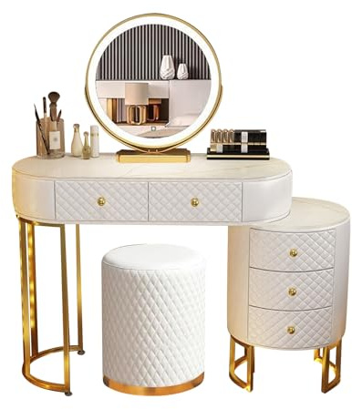 Romyqpipy Toilette Moderna con Specchio Led E Luci, Illuminazione Regolabile, Toilette Trucco con 5 Cassetti, Sgabello, Installazione Flessibile, Postazione Trucco per Soggiorno O Camera Da Letto