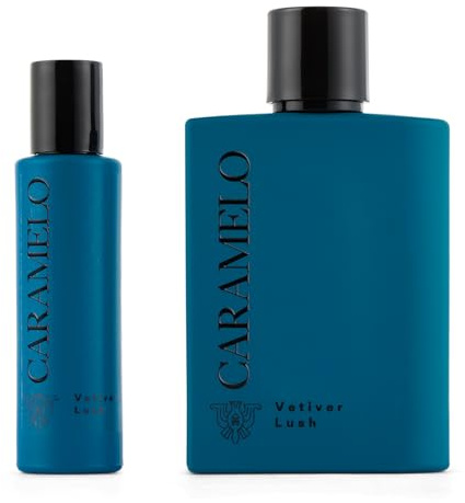 CARAMELO - Vetiver Lush Promoción 100 + 30 ml, Colonia Hombre, Pack 2 Productos, Perfume Formato Spray, Eau de Toilette Natural y Masculina, Aroma Aromático Fougére, Fragancia Fresca, Elegante