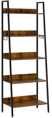 WOLTU Regal mit 5 Ebenen, Standregal mit Haken, Vintage-Holzoptik+Schwarz | Leiterregal, Metallrahmen, für Wohnzimmer Arbeitszimmer Küche, 64x171x36 cm