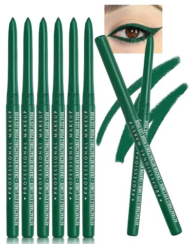 Erinde 6 Piezas Delineador de Ojos Verde Waterproof, Lápiz de Ojos Retráctil, Resistente al Agua, Larga Duración, Pigmentación Intensa para Maquillaje de Ojos Diario y Profesional | Resistente al agua, altamente pigmentado, resistente a las manchas, cabezal giratorio, aplicación suave, fácil de aplicar