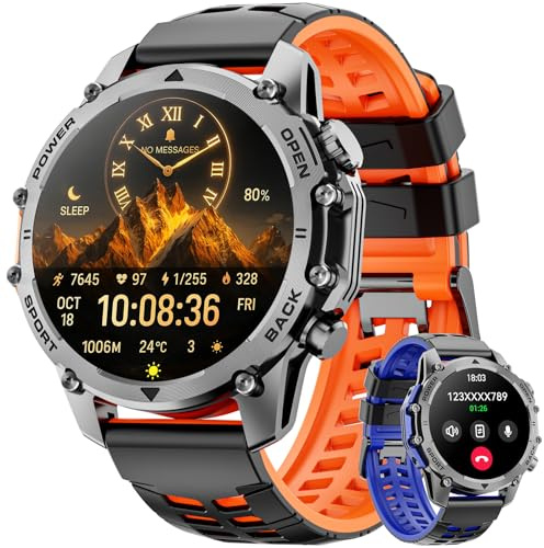 Montre Connectée Homme, 1.52 HD Smartwatch avec Lampe/2 Bracelets/120+ Modes Sportifs/500mAh Batterie(7-30 jours), Militaire Smartwatch Heren avec Sommeil Moniteur/SpO2/Cardiaque pour Android iOS