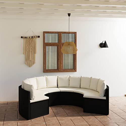 Qnhdfrt Salon de jardin 6 pièces noir en rotin PE 88 x 66 x 67 cm forme éventail avec coussins blanc crème robuste et moderne pour jardin, balcon et terrasse