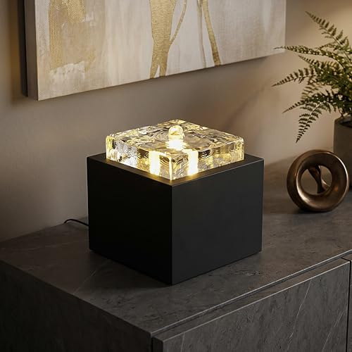 Design Zimmerbrunnen BK920 – LED Tischbrunnen modern, Springbrunnen mit Glasblock in Eisoptik, 3W, warmweißes Licht, Deko Wohnzimmer Büro, Metall Glas 19x19x20 cm