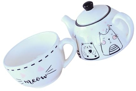 HOMOBABE Set Tazza e Teiera in Porcellana Bianca Motivo Gatto, Design Creativo e Raffinato per Uso Domestico Quotidiano e Decorazione Interna