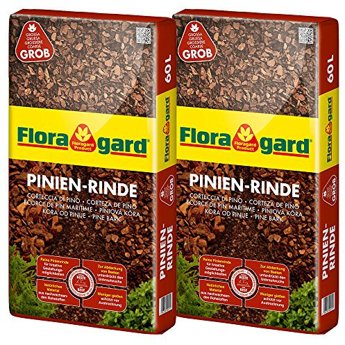 Floragard Mulch Pinienrinde 25-40 mm 2x60 L • grob • dekorativer Bodenbelag • unterdrückt Unkrautwuchs • naturbelassen • für mediterranes Flair • 120 L, erdfarben, 114883