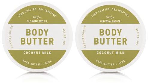 Old Whaling Co Coconut Milk Body Butter 2 Pack – Soothing Cream with Shea Butter, Aloe and Sunflower Oil – Tropical, Floral Scent, 8oz Jars, Set of 2