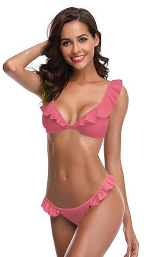 SHEKINI Costume da Bagno Donna Sexy V Profonda Bikini Imbottito Swimsuit Halter Brasiliano Cute Beachwear Ruffles Flounce Regolabile Costumi da Bagno Due Pezzi Mare e Piscina（X-Small, Watermelon Red）