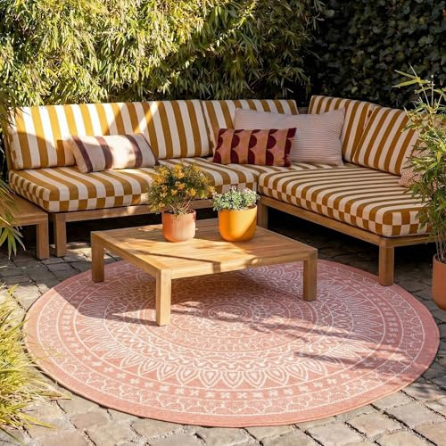 FRAAI | Home & Living In- & Outdoor Teppich Rund - Summer Azteca Rosa - Wetterfest - Polypropylen - Flachgewebe - Balkon, Garten/Terrasse - Terrasse - Rug