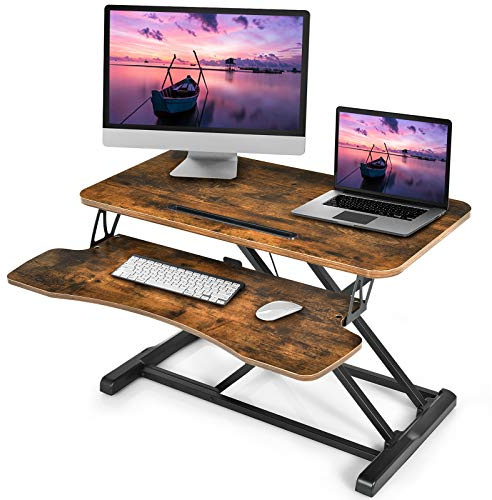 Giantex Sitz Steh Computertisch, Höhenverstellbarer Schreibtischaufsatz, Sit-Stand Workstation aus Holz, Schreibtisch Stehpult für Büro Zuhause 80 x 64 x 11-50,5 cm (Braun)