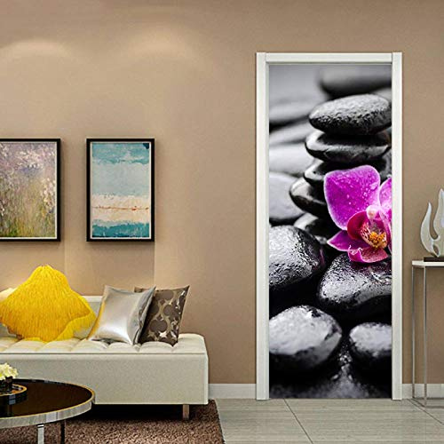 LuSeven stickers trompe loeil Noir cailloux violet fleurs 50x125cm(19.68 inches * 49.21 inches) Sticker Porte Trompe l'oeil Effect 3D Intérieure Muraux PVC Stickers pour Décoration Mur Salon Cuisine C