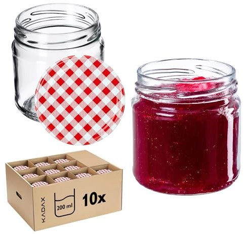 KADAX Tarros Pequeños de 200 ml, Botes de Cristal con Tapa Hermética de 66 mm para Miel, Conservas, Especias y Mermeladas (10 Unidades, Cuadros Rojos)