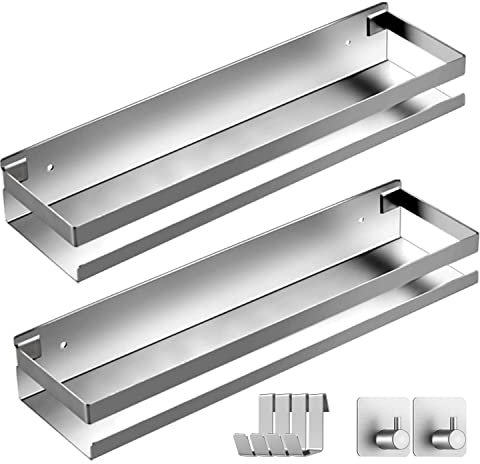 Kallrra Duschablage ohne Bohren 2 Stück Duschkorb, Badregal ohne Bohren mit 6 Haken, Badezimmer Regal, Φ30cm Duschregal für Shampoo und Duschgel, Edelstahl, Silber