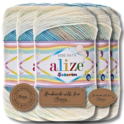 Hobby YARN 3x Etikettenlabel mit Alize Sekerim Bebe Batik Wolle Premium 5x100g als Set, Yarn, Garn, Strickgarn, Farbverlauf, Babywolle zum Häkeln, Stricken, Kleidung, Schals (4398)