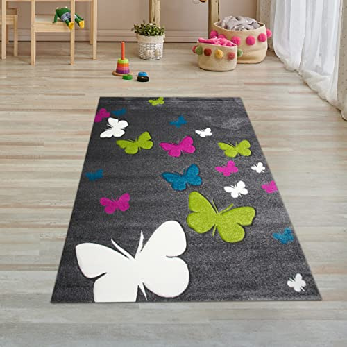Teppich-Traum Farbenfoher Kinderzimmer-Schmetterlingsteppich | langlebig & robust | grau, 80 x 150 cm