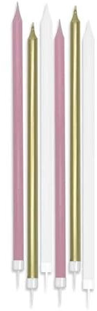 CANDELE - Fantasia Rosa Bianco e Oro - 6pezzi - Mezzo Stelo in cera - Candeline di compleanno MAXI per TORTE e dolci decorazione per feste, compleanno ecc. - Candela MATITA H15cm
