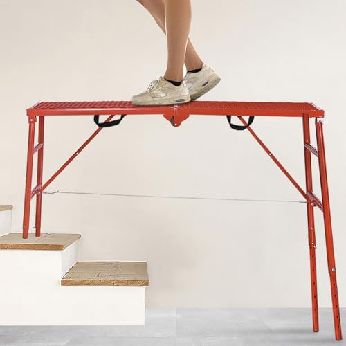 LEADALLWAY Scaffolding Platform 70(L) x15(W) x33(H) 770 Lbs Capacity Folding Adjustable Portable Work Platform Ladder,Red