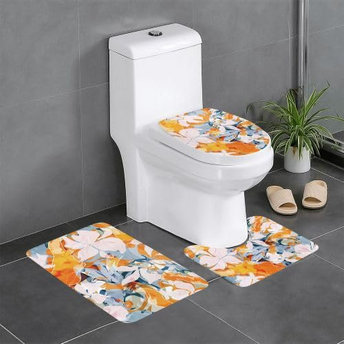 Set 3 Teilig Badvorleger Ornament Mit Abstrakten Blumen U-Förmigen Contour Matte Dekorative Weiche Badgarnitur Badematten, Für Badezimmer, Wc-Sitz Bezug