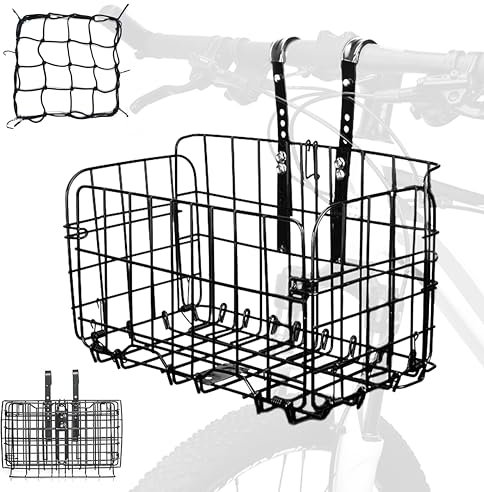 Front Bike Basket, Folding Bicycle Basket Removable Separate Adjustable Front Basket for Bicycle Rear Metal Wire Hanging Handlebar Bicycle Basket, Black