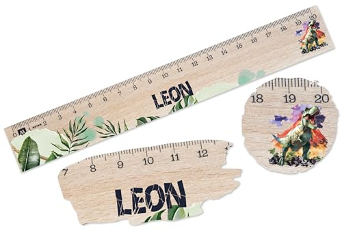 Holz Lineal 20cm - Dino Dinosaurier - Personalisierbares Holzlineal 20 mit T-Rex-Motiv | Geschenk zum Schulanfang - 20 cm - Holz