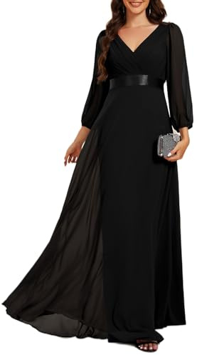 Ever-Pretty Abendkleider Elegantes Damen Für Hochzeit Lang Langarm Brautjungfernkleid Chiffon V-Ausschnitt Ballkleider EE03890