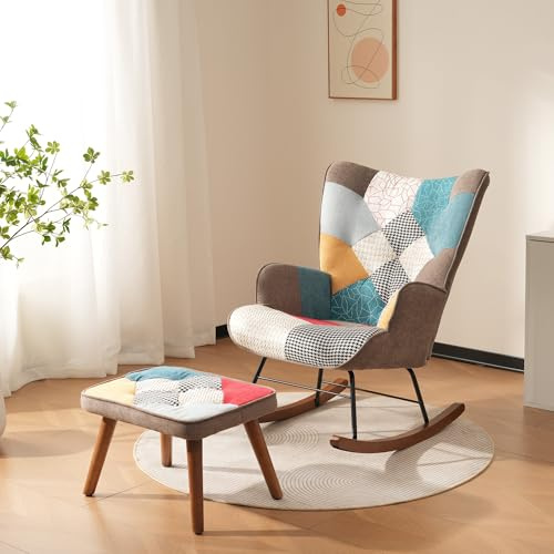Merax Schaukelstuhl, Bequemer Schaukelsessel mit Fußstütze, Relaxsessel für Wohnzimmer, Schlafzimmer und Balkon, Multicolor