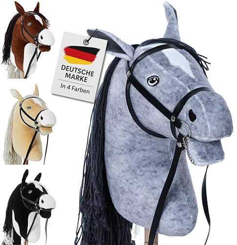 Hoofly® Hobby Horse Pferde – Großes Steckenpferd für Kinder A3 mit Trense & 40 cm Schraubstab | Realistisches & weiches Stockpferd Grau (Schimmel) | Hobby Horsing Pferd in 4 liebevollen Farben