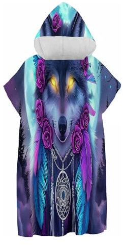 CDXNORA Badeponcho Strand Poncho - Nachtmond-Wolf-Tier Drucken Surf Poncho Handtuch Mit Kapuzen, Mikrofaser Badetuch Schnelltrocknend Strandtuch Bademantel Erwachsene 75X110Cm