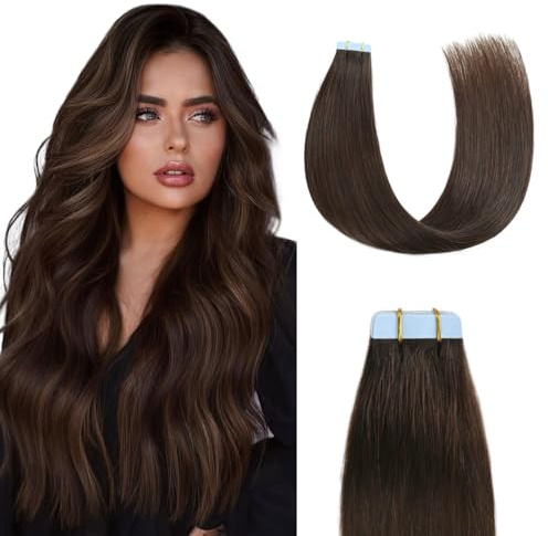 Sunya Tape in Extensions Echthaar Dunkel Braun 30cm 40g/Pack 20 Stück | Tape in Extensions Haarverlängerungen Invisible Seidig Gerade Skin Weft Natürliche Echthaar