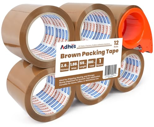 ADHES Brown Packing Tape with Dispenser, 2.6Mil 48mm x 50m, 12 Rolls Heavy Duty Brown Shipping Tape Strong Sticky Tape for Packing Boxes and Parcels