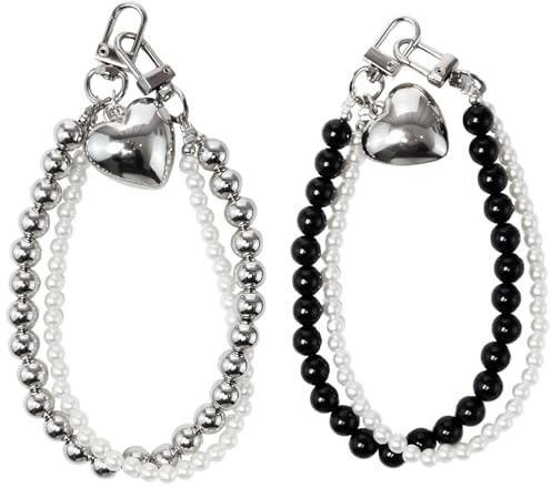Neikafan 2 Stück Schlüsselanhänger Perlen Schlüsselanhänger Doppelte Kette Y2K-schlüsselanhänger Imitation Pearl Herz Anhänger Taschenanhänger Keychain für Autoschlüssel Taschen Backpack