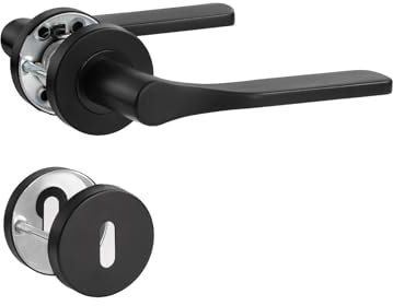 SORWDUERM Maniglia nera per porta, in acciaio inox spazzolato opaco, maniglia per porta e porta interna, a forma di L, rosetta rotonda, PZ - cilindro profilato