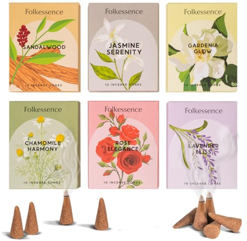 Folkulture Räucherkerzen- Set of 6 (120 Incense Cones) Zur Entspannung | Duftsets mit Rose, Kamille, Jasmin, Lavendel und Sandelholz Räucherkegel-Sortiment