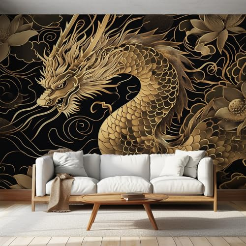 Chinese Dragon Wallpaper Mural, Japanese Asian Lotus Flower Wall Mural, Non-Woven Print Photo Wallpaper for Bedroom Living Room Decor 200x140 cm
