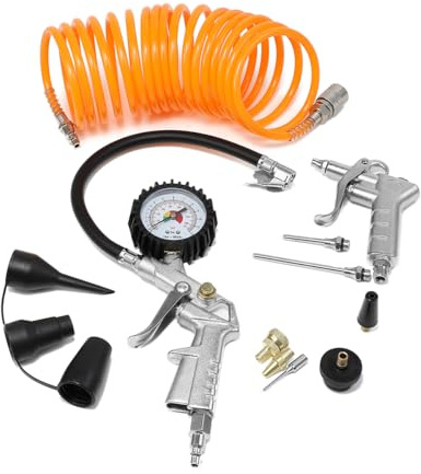 Air Compressor Accessory Kit Includes Blow gun, Air Compressor Hose,a Tire Inflator Gauge, and Various Adapter Attachments