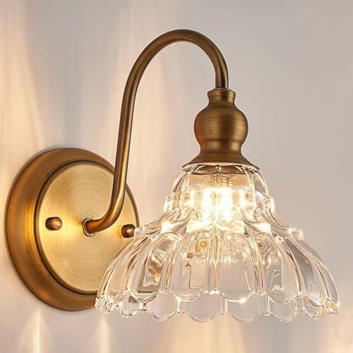 EOEO LED Innen Wandleuchte Vintage Metall Wandlampe mit Blumen Glas Lampenschirm Retro Messing Nachttischlampe 2700K/4000K/5000K Gold Deko Wandbeleuchtung für Schlafzimmer Wohnzimmer Treppen