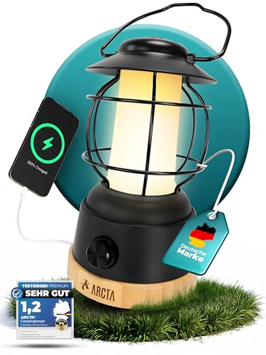 ARCTA® Campinglampe aufladbar LED – Retro Camping Licht mit Akku – IPX4 Wasserdicht - Dimmbares Outdoor Licht 20-450lm – Camping Lampe für Zelt, Garten, Campingleuchte & LED Laterne – USB Powerbank