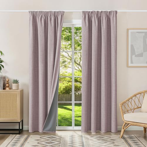 Runyéla 100% Verdunklungsvorhänge Thermovorhänge Kälteschutz Gardinen mit Kräuselband 220 x 140 cm (HxB) 2er Set Leinenoptik Vorhänge Blickdicht Rosa, Schiebegardinen Wohnzimmer Curtain