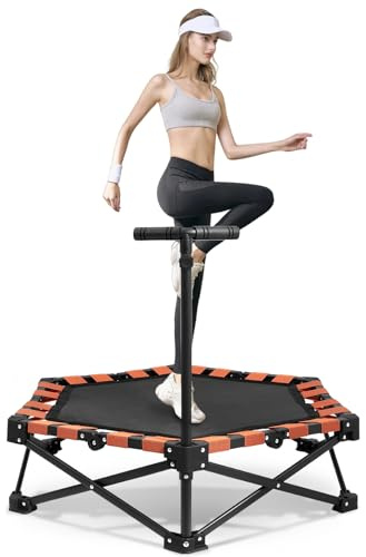 Worshow Foldable Fitness Trampoline - 42'' Small Rebounder, 104-114cm Height Adjustable T-Shaped Handle, Mini Trampolines with Silent Anti-Slip Foot Pads for Indoor Outdoor,Adults,Kids, Max Load 150kg