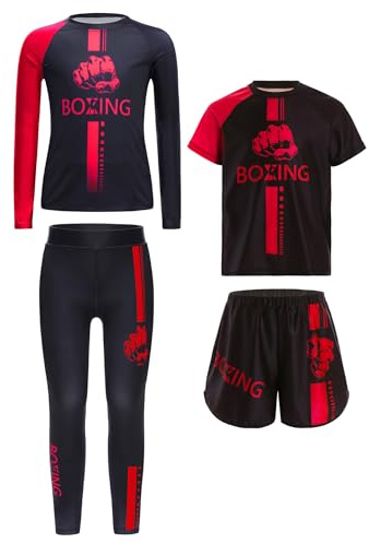 Mufeng Ensemble de Boxe Combat Enfant Garçon 4 Pièces T-shirt Short et Legging Tenue Survêtement Entraînement Sportif Rouge 11-12 ans