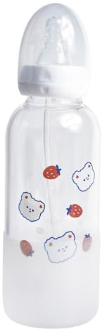 CutiePlusU Biberon per adulti in vetro con tappo protettivo, stampa carina, alimentazione senza BPA, tettarella in silicone da 400ml in set con bicchiere con cannuccia Straw-Strawberry Bear