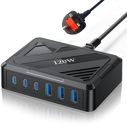 Gcidto 120W 6-Port USB Desktop Fast Charging Station, 3 USB-C Ports + 3 USB-A Ports, Supports PD & QC Intelligent Adaptive Fast Charging, Compatible with iPhone/iPad and Other Devices. (black)
