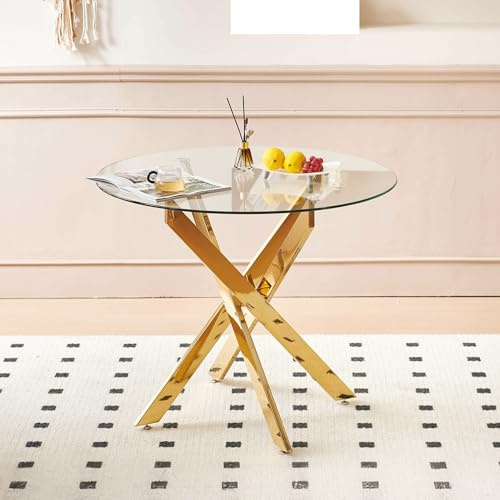 LLGWGL Moderna mesa de comedor de cocina con tapa de cristal y patas de metal en forma de X para 2-3 personas, 80 x 80 x 75 cm (dorado, redondo)