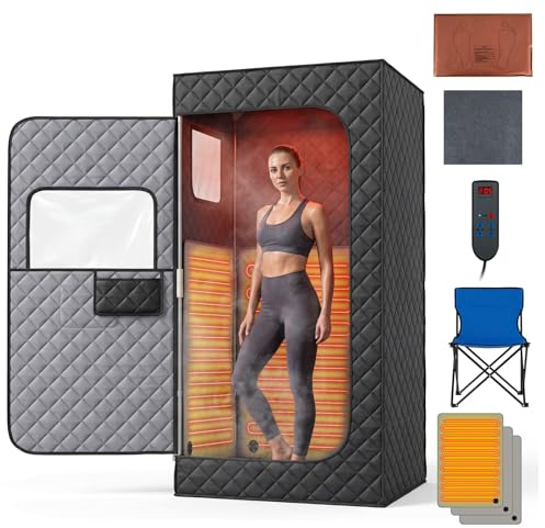 COSTWAY Portable Infrared Sauna Steam, Full Body Sauna Tent Steam Room with 3/4 Heaters, Timer, Heated Foot Pad, Remote Control & Chair, Personal Home Spa Pod Box for Therapy Detox (Black, Cuboid)