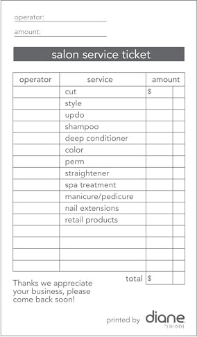 Carnet de reçus de tickets de service de salon