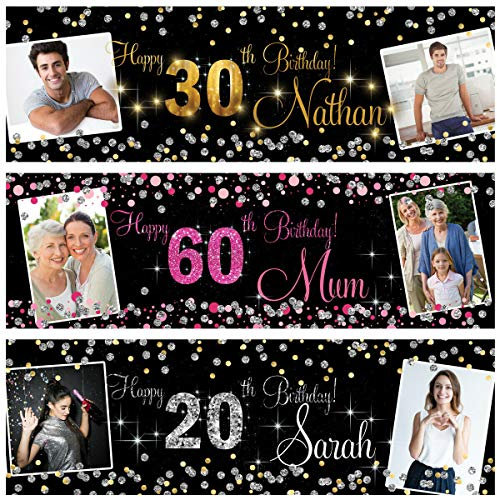 2 personalisierte Geburtstagsbanner Foto Silber Gold Rosa Party Hochzeit Poster Dekoration 18. 21. 30. 40. 50. 60. 70