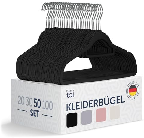 Blumtal 50 Stück Kleiderbügel aus Samt – Samt-Kleiderbügel, rutschfest, um 360° drehbar, platzsparend, hochwertig mit Krawattenklammer – Schwarz