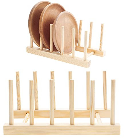 HonGien 2Stück Hölzernes Abtropfgestelle aus Holz Küche Geschirrständer Tellerständer Ständer Topfdeckelhalter Tablett Abtropffläche für Vorratsschüssel, Geschirr, Tassen, CD, Buch (5 Steckplätze)