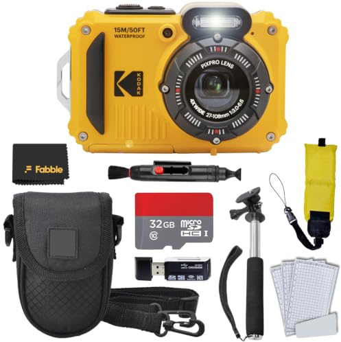 Kodak PIXPRO WPZ2 Rugged Waterproof Shockproof Digital Camera 16MP 4X Optical Zoom 1080P Full HD Video, 2.7 LCD (Yellow), 32GB SD Card, Black Compact Case, Floating Strap, Bundle (7 Items)