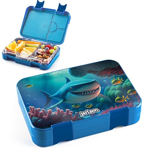 Jarlson® Lunch Box Bambini - Bento Box con 6 Scomparti - Porta Pranzo - Senza BPA - per la Scuola e l'asilo - 850ml (Squali)