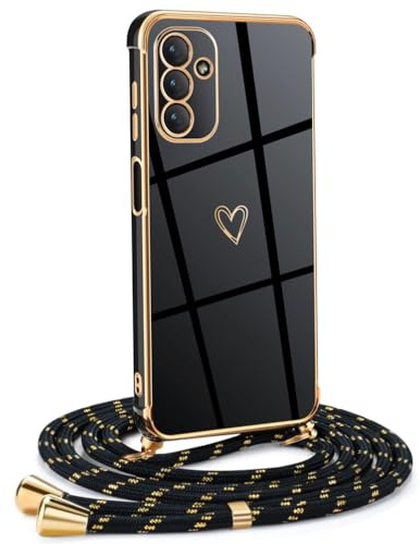 Mkej Frauen Mädchen Handykette Kompatibel mit Samsung Galaxy A14 5G - Silikon Hülle mit Band - Handyhülle für Samsung Galaxy A14 5G Herz Love Design Galvanik - Hülle mit Kordel in schwarzes Gold